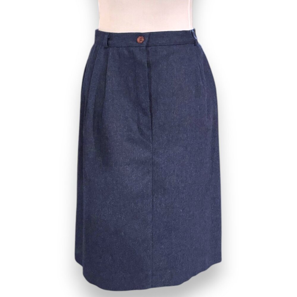Russ Togs Vintage 70s Union Made blue wool‎ midi office skirt 30 in waist